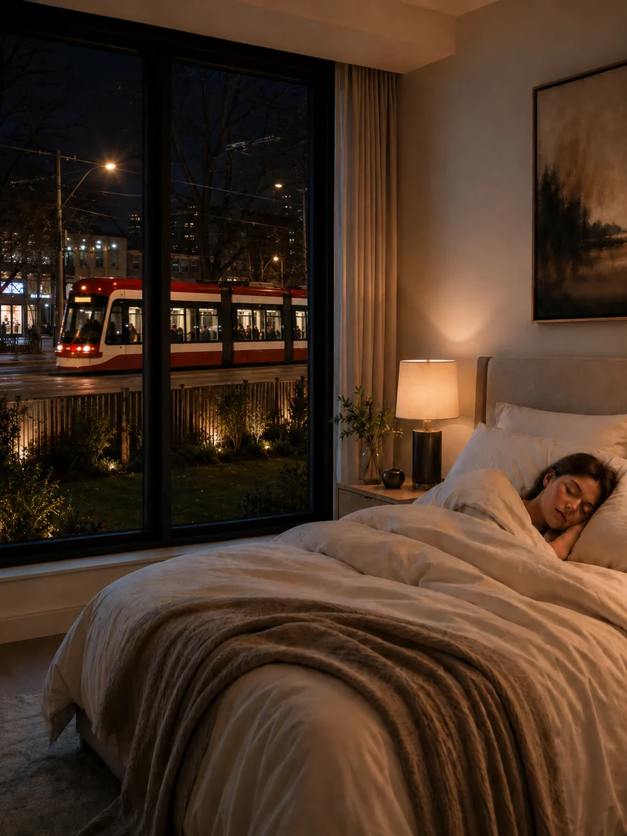 Quiet luxury bedroom interior at night with a streetcar passing outside a large acoustic window in Toronto