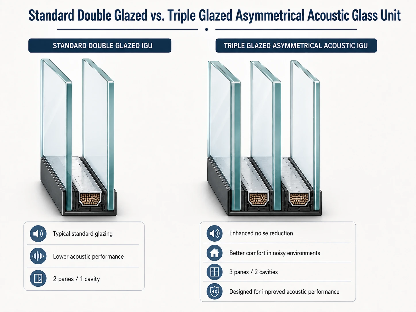 Diagram comparing a standard double glazed insulated glass unit with a triple glazed asymmetrical acoustic glass unit