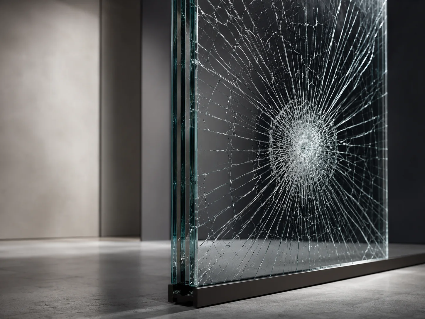 Cross-section of a thick laminated glass panel showing intact interlayers after impact — combining security and acoustic performance